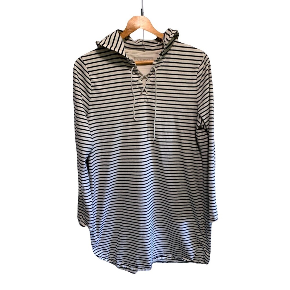 Nautica Striped Hoodie Women XL White Navy Lace Up V-Neck Long Sleeve Coastal